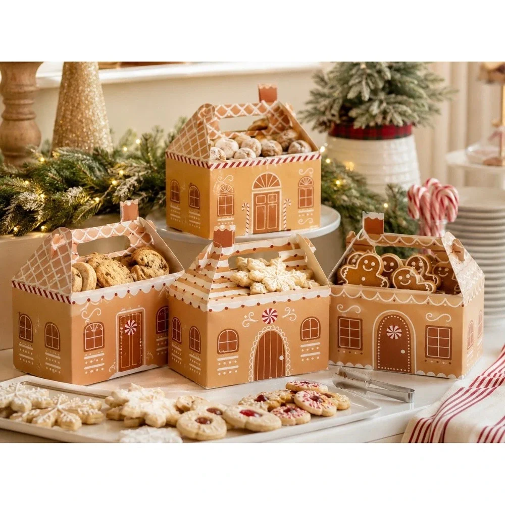 Gingerbread House Treat Boxes 4ct Brown NEW Holiday Gift Bags